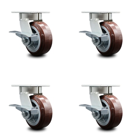 Service Caster 5 Inch Kingpinless Poly on Polyolefin Wheel Swivel Caster Set with Brakes SCC SCC-KP30S520-PPUR-SLB-4